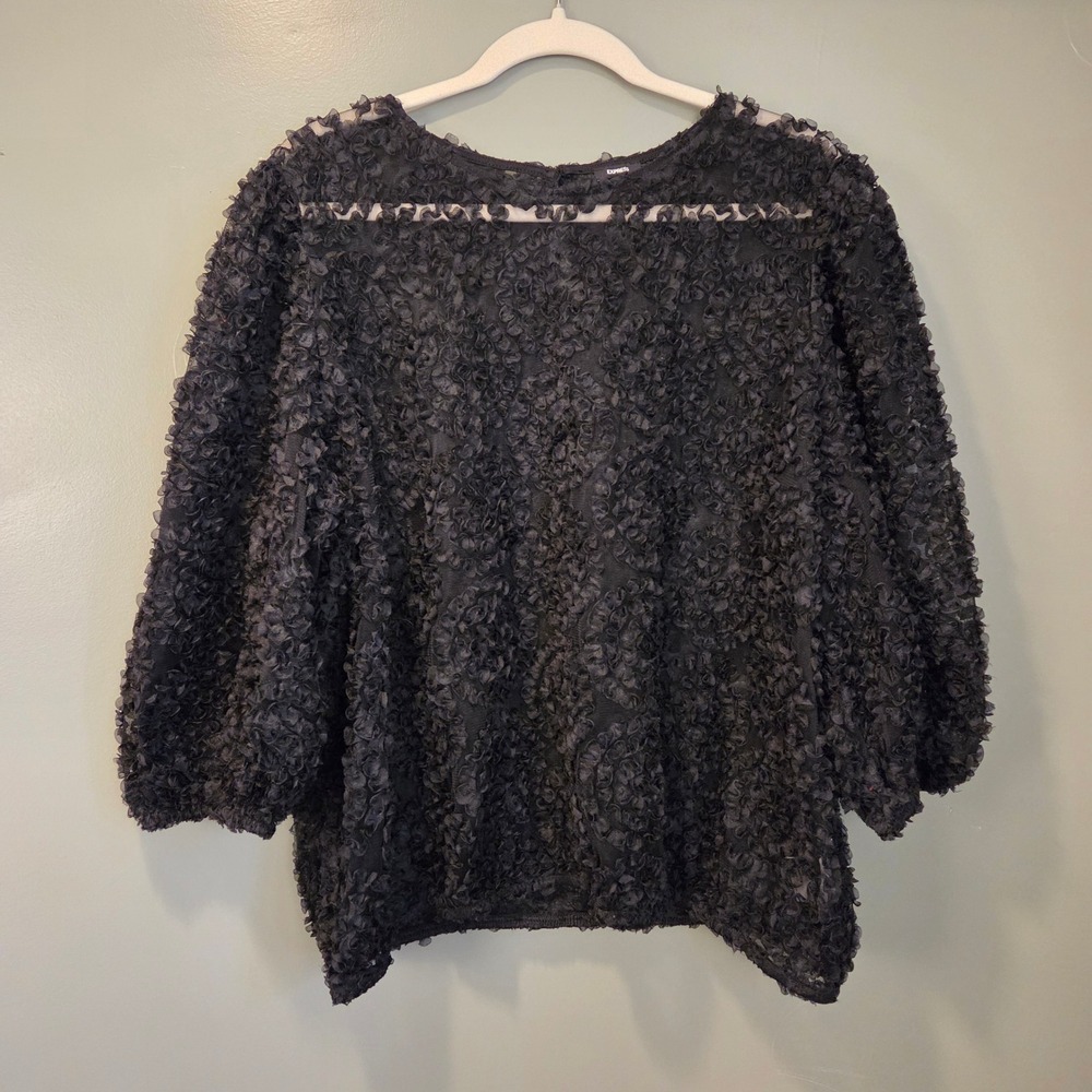 Express Women's Sheer Textured 3/4 Balloon Sleeve Top Size XL Black
